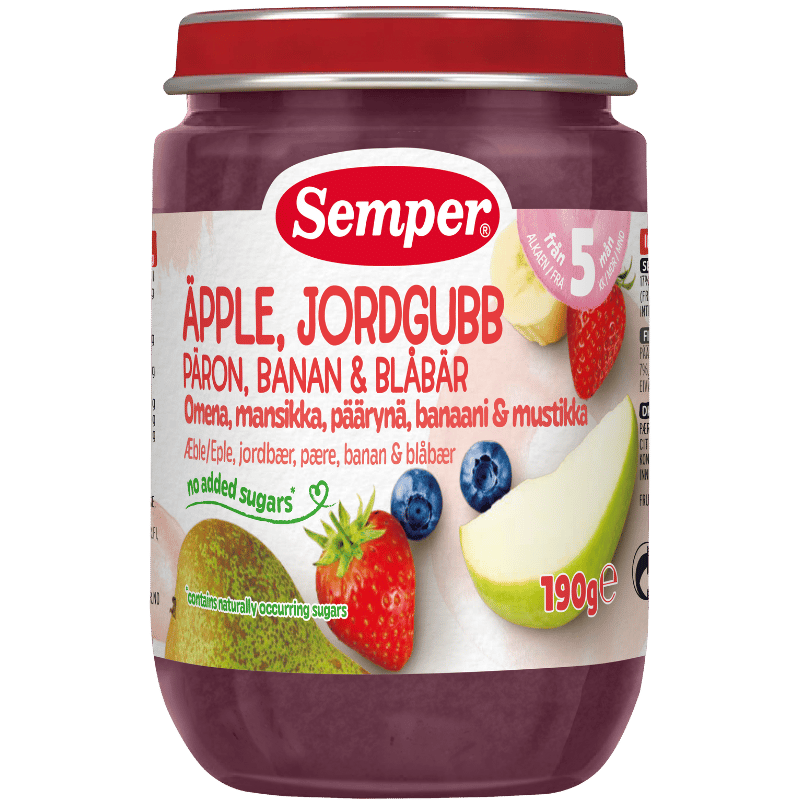 Semper Frugtpuré Jordbær, Æble, Pære, Banan & Blåbær 5M (190 g)