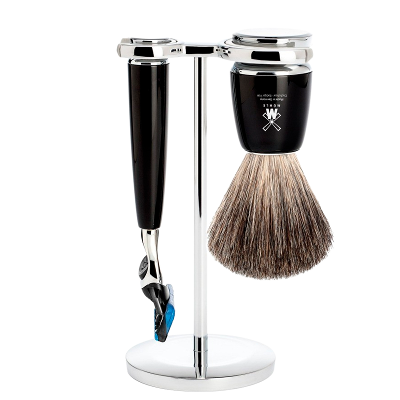 Mühle Barbersæt: Fusion Skaber, Pure Badger Barberkost og Holder, Rytmo, Sort Resin - 1 sæt