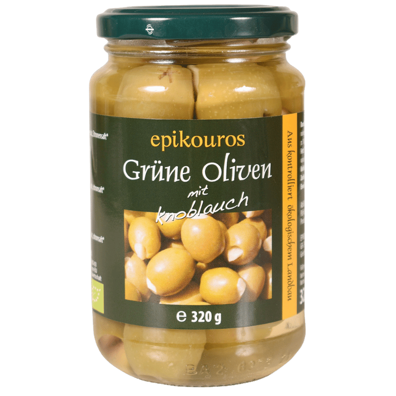 Oliven Grønne m.hvidløg, Græsk Ø 320 gr.