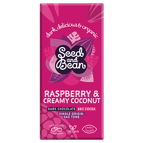 Seed & Bean Mørk Chokolade 66% Coconut og Rasperry Ø (75 g)