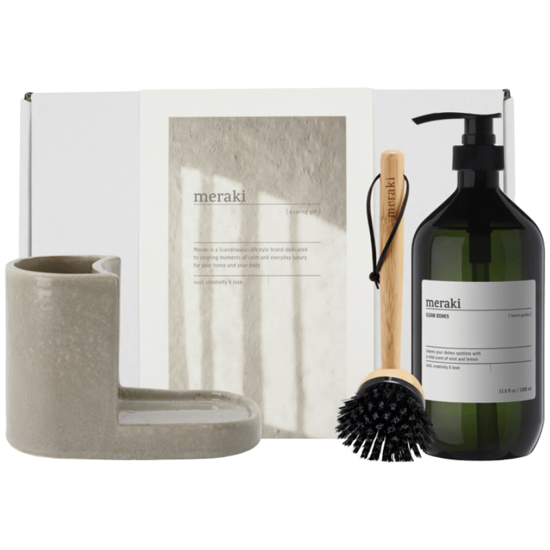 Meraki Gaveæske Grey Holder, Nature Brush & Forest Garden Dish Wash (1 sæt)