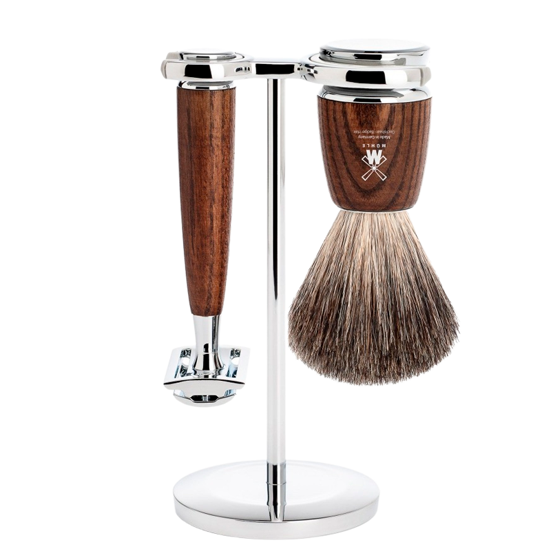 Mühle Barbersæt: DE-Skraber, Pure Badger Barberkost og Holder, Rytmo, Ask - 1 sæt