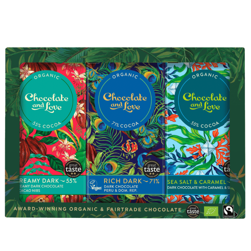 Chocolate and Love Gaveæske med Fairtrade plader chokolade Ø (3x80 g)