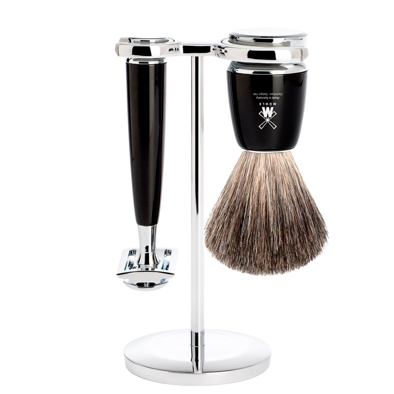 Mühle Barbersæt: DE-Skraber, Pure Badger Barberkost og Holder, Rytmo, Sort Resin - 1 sæt