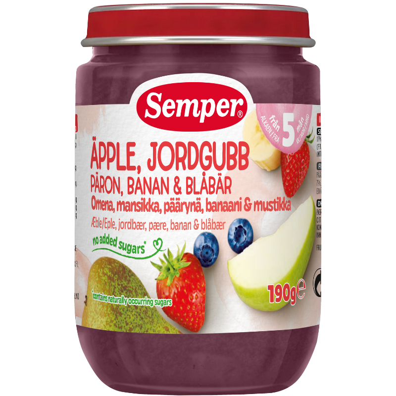 Semper Frugtpuré Jordbær, Æble, Pære, Banan & Blåbær 5M (190 g)