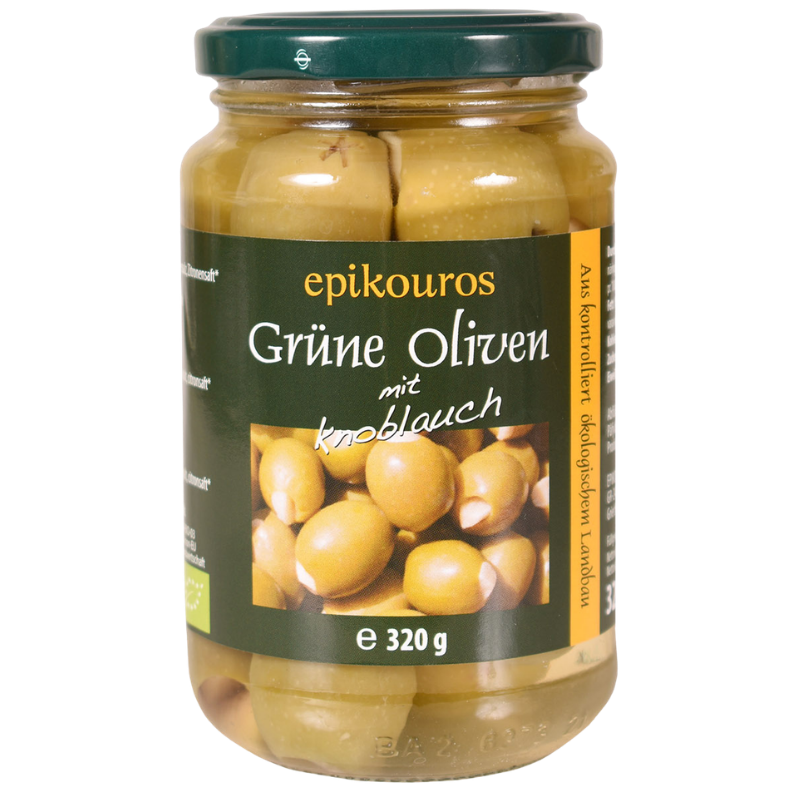 Oliven Grønne m.hvidløg, Græsk Ø 320 gr.