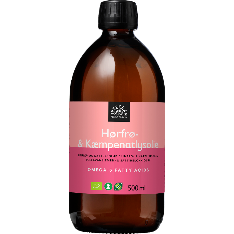Urtekram Hørfrø- & kæmpenatlysolie Ø - 500 ml.